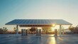 Solar panels on a roof with electric car charging stations at sunset