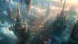 A digital illustration of a mythical cityscape, with towering spires and intricate architecture stretching towards the heavens, depicting a vision of a world 