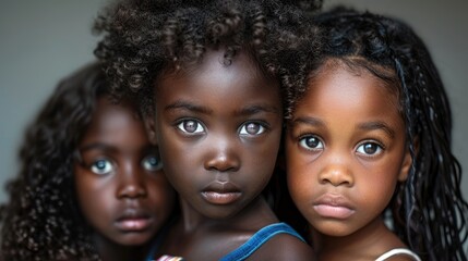 Three young girls with dark hair and brown eyes stand close together