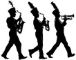 © K KStock - silhouettes of marching band musicians playing instruments and marching