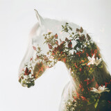 Fototapeta  - Flowers combined with a white horse using double exposure