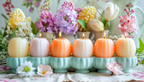 Fototapeta  - Pastel Colored Easter Candles in Egg Shapes with Spring Flowers. Celebration spring holiday Easter, Spring Equinox day, Ostara Sabbat.