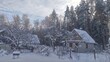 After a snowfall, snow lies on the ground and tree branches in the forest and garden. House with snow-covered roof stand in front of the forest. The winter sun illuminates the trees through the clouds