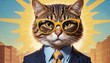 A whimsically professional cat with yellow glasses, dressed in a smart suit and tie, set against an illustrated city backdrop with a radiant sun motif.