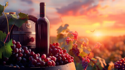Wall Mural - mockup of a bottle of red wine on a wooden barrel with red grapes against the backdrop of a beautiful sunset copy space