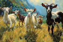 A Painting Of A Group Of Goats In A Field
