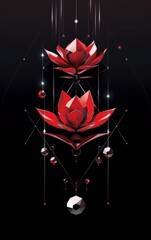 Wall Mural - Red and black geometric lotus flowers with crystals on a dark background, digital art, vector, interior, art deco.