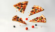 Flying slices of tasty pizzas on white background