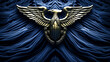 A gold eagle with a shield on its chest is displayed on a blue background