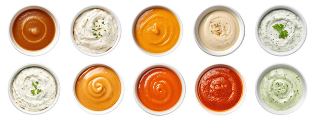 Variety of different dipping sauces in small bowls, view from above, isolated on a transparent background