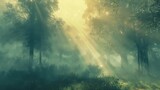 Fototapeta  - Sunbeams filtering through the misty morning fog, casting an ethereal glow over a tranquil forest clearing.