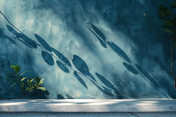 Wall Mural - Serene Blue Wall with Leafy Shadows and Green Plant