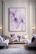 An elegant living room with a large purple abstract painting, two white sofas, a glass coffee table, and two armchairs in a classic style.