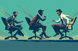 Fiercely competitive businessmen engage in a high-stakes office chair race, each determined to outperform and outshine their colleagues in a display of workplace rivalry