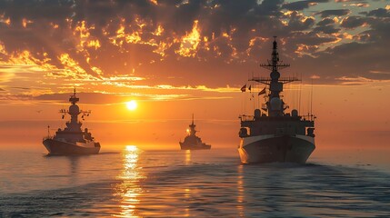 Wall Mural - Military navy ships in a sea bay at sunset