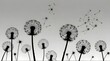 black silhouette with flying dandelion buds on a white background .Generative AI