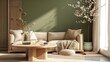 a comforting living room ambiance featuring a green wall, round wooden table, beige sofa, and a touch of traditional decor with a kimono attractive look