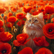 cute ginger cat in the flowering red sunny poppy field