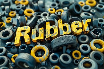 Vibrant 'Rubber' text stands out among a diverse collection of tires, showing material contrast