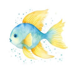 Colorful watercolor drawing of a blue sea fish with yellow fins on a white background.
