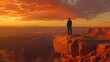 An executive in crisp attire at the summit of a deep sienna butte, eyes set on a distant butte, under the expansive gradient of a dawn sky
