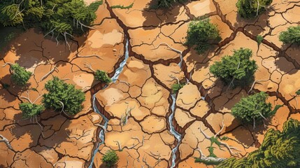 Illustration showing the stark reality of water scarcity, with dry, cracked earth and diminishing water sources.