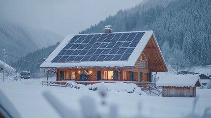 Wall Mural - snowy weather solar solution: harnessing the potential of snow-covered solar cells on the roof of a house to provide renewable energy throughout the year