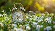 © CinimaticWorks - daylight saving time adjustment: spring forward clock change with alarm clock on tranquil nature background featuring green grass and white flowers meadow, clock turn forward one hour in spring