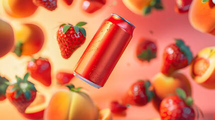 Wall Mural - mockup of a red aluminum can on a background of peaches and strawberries