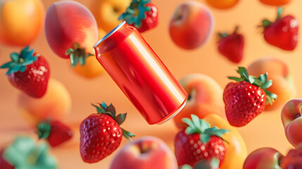 mockup of a red aluminum can on a background of peaches and strawberries