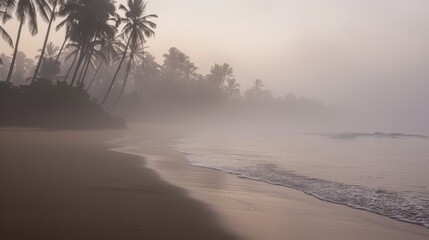 Wall Mural - Ethereal photo of a misty tropical beach at dawn, with soft light filtering through palm trees and a gentle surf washing over the sand.