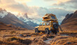 A yellow off-road vehicle with rooftop tent parked on cliff overlooking majestic mountain scenery at sunset. Adventure camping in wilderness with breathtaking views of rugged peaks and dramatic clouds