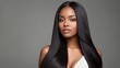 © _KUBE_ - Salon hair coloring. Fashion African American woman with straight long shiny dark hair. Beauty and hair care concept. Banner with copy space. Ai generation