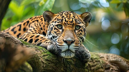 Wall Mural - majestic leopard rests on thick tree limb, wild predator of the jungle canopy