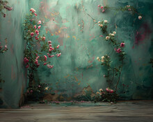 Vintage Floral Studio Backdrops - Dark Teal Wall And Pink Flowers