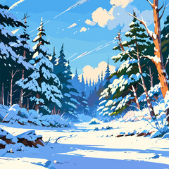 Wall Mural - Snowy forest scene in vector format, showcasing a serene winter setting