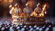   A gold crown atop a table, black beneath, adorned with numerous shiny jewels and pearls