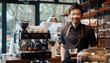 Smiling barista Man at cozy café with warmth and hospitality. Coffee machine and various utensils add to ambiance of coffee shop. Bright and inviting atmosphere for delightful coffee experience