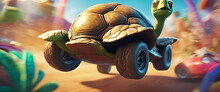 A Cute Cartoon Turtle Racing In An Off-road Car, With The Head And Shell Of A Turtle. It Is Running On Land.