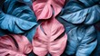   A collection of pink and blue leaves atop a tablecloth in hues of blue and pink, adorned with additional blue and pink leaves
