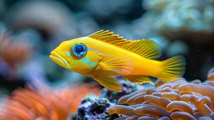   A tight shot of a yellow fish near coral, orange sea anemone in the foreground