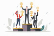 Triumphant businessmen stand tall on a podium, adorned with gold, silver, and bronze medals, a testament to their success in the competitive business arena