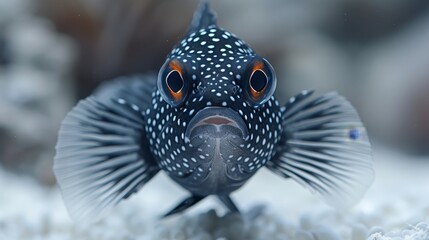   A tight shot of a black-and-white fish with vibrant orange eyes and an intricate black-and-white pattern adorning its body