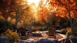 Render a peaceful scene of a backyard oasis during fall, highlighting a fire pit and comfortable Adirondack chairs surrounded by autumnal splendor attractive look