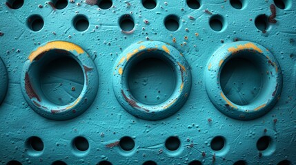   A close-up of a blue metal surface with holes and rivets Rivets have holes at their tops and bottoms