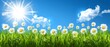   A field of green grass dotted with daisies, beneath a vivid blue sky and radiant sunburst
