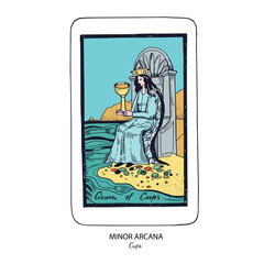 Tarot card vector deck . Minor Arcana Cups . Occult esoteric spiritual Tarot. Isolated colored hand drawn illustrations
