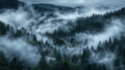 Wall Mural - A mesmerizing image of the Black Forest with fog rising from the moist forest floor, swirling among the dense trees and creating a hauntingly beautiful landscape.