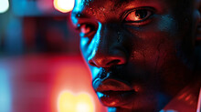 A Close-up Of A Player's Intense Gaze, The Texture Of The Basketball Glowing With Neon Blue Accents, On A Deep Red Backdrop.