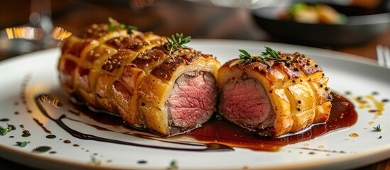 Wall Mural - A white plate holds a delicious portion of Beef Wellington, featuring tender meat covered in rich sauce.